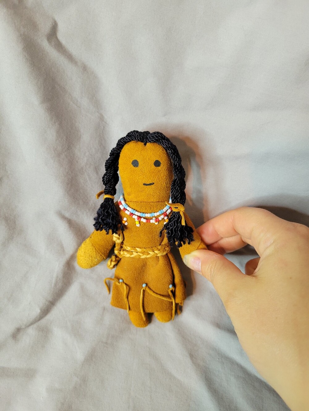 Hand Crafted Brown Native Style Handmade Cloth Doll with Beaded Necklace